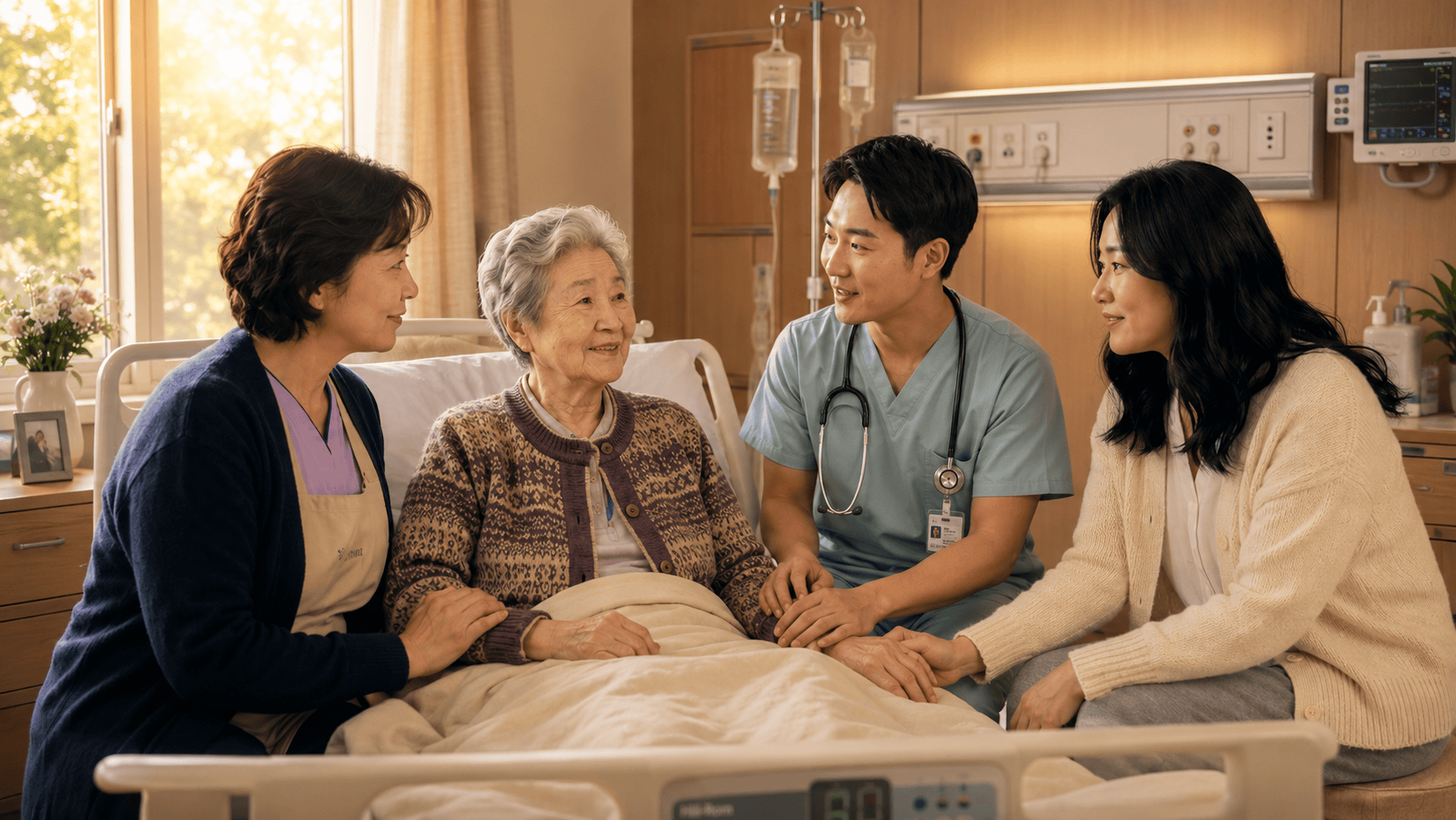 Patient, family, and care team meeting at one bedside